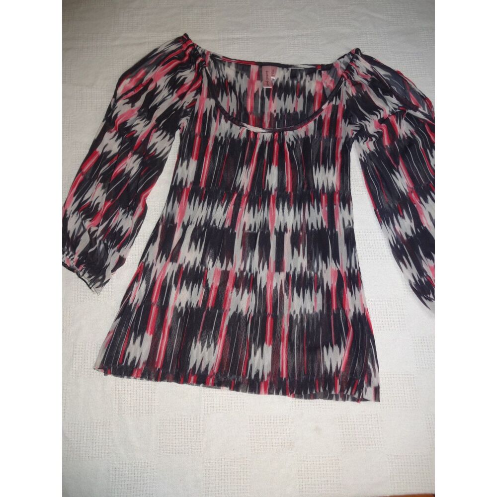 Sweet Pea ~ Black Pink White Ikat Cold Shoulder Sheer Top ~ Size Small